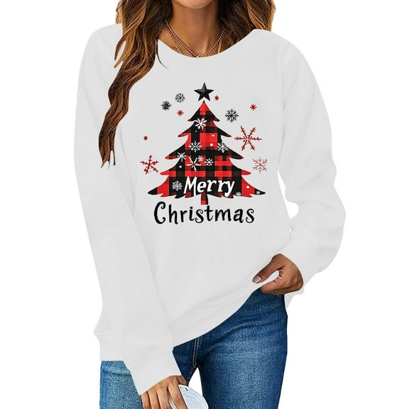 Cadancy Merry Christmas Sweatshirts for Women Plaid Xmas Tree Funny Print Pullover Tops Loose Crew Neck Long Sleeve Holiday Shirts Winter Vacation Party Outfits 2025