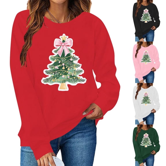 Cadancy Merry Sweatshirts for Women Christmast Tree Print Long Sleeve Crewneck Tops Funny Party Loose Trendy Pullover Shirts Vintage Winter Xmas Holiday Outfits 2025