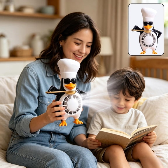 Cadancy Mini Desk Fan USB Rechargeable Portable, 3 Speed Cooling Blower with Penguin Design, Small Personal Air Circulator for Office Dorm, Kids Birthday Gift