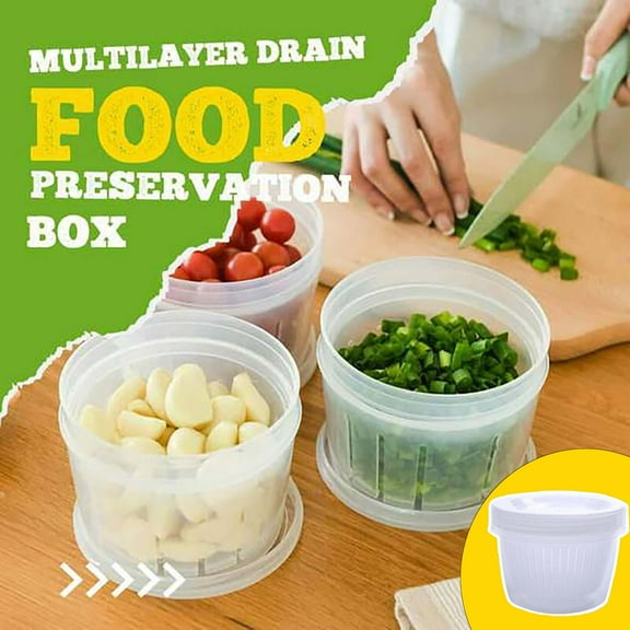 Cadancy Multilayer Drain Food Preservation Box Airtight Storage Container with Lid for Garlic Onion Scallion Fresh Keeper Refrigerator Organizer Kitchen Vegetable Fruit Storage Box