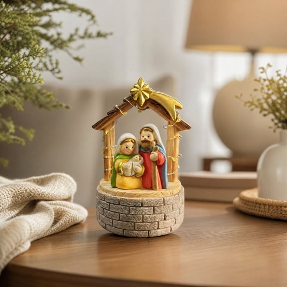 Cadancy Nativity Scene Christmas Holy Family Figurine with LED Light Manger Tabletop Decoration Illuminated Religious Display Resin Statue Table Decor Indoor Holiday Centerpiece Gift