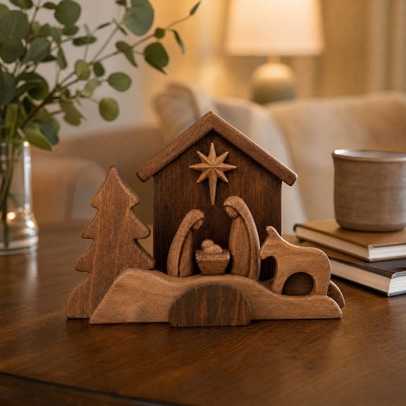 Cadancy Nativity Scene Rustic Wooden Christmas Decorations Indoor Tabletop Character Holy Family Figurine Set with Stable Star for Holiday Living Room Shelf Mantle Home Decoration