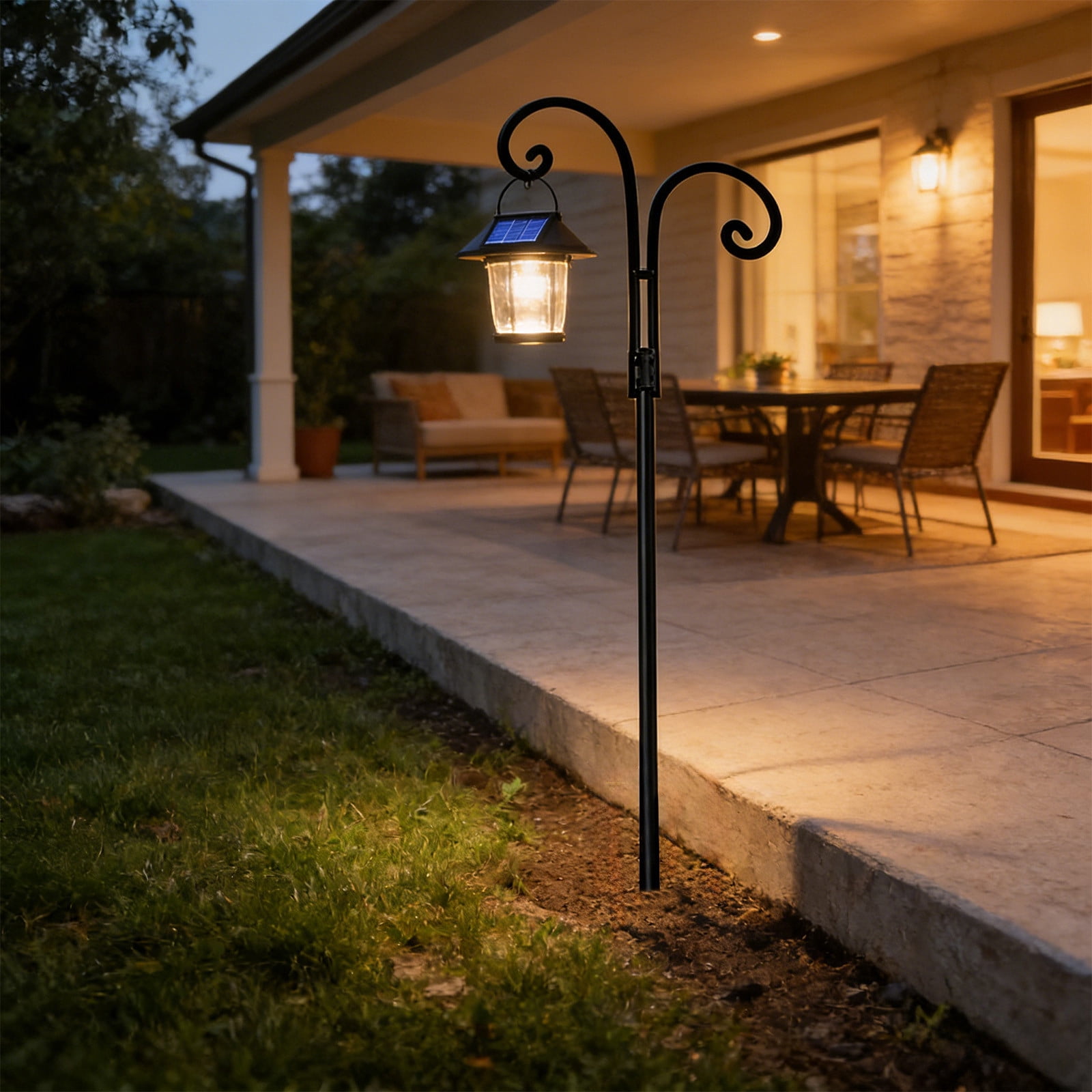 Cadancy Outdoor Shepherd Hook Solar Light Holder Garden Stake Double Hanger Metal Plants Stand Patio Lawn Decorative Hook Bird Feeder Pole Backyard Landscape Accessory