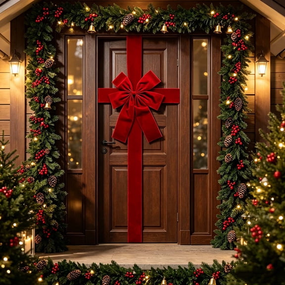 Cadancy Oversized Door Bow for Christmas Decoration, Giant Ribbon Wreath Accent for Front Porch Entryway, Holiday Party Home Outdoor Ornament, Seasonal Festive Gift Wrapping Supplies