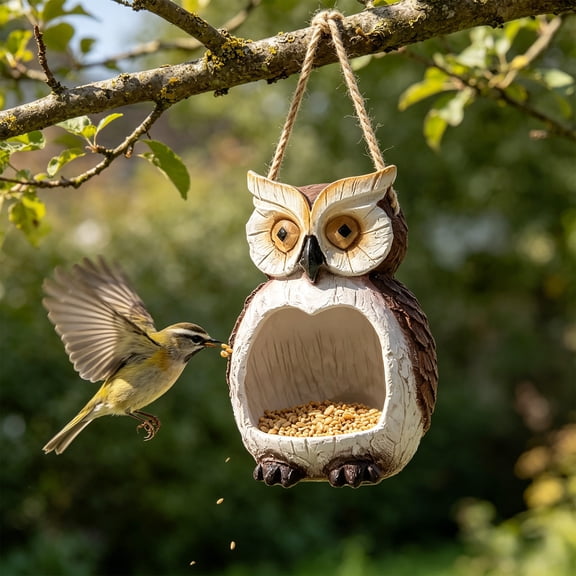 Cadancy Owl Shape Bird Feeder Wooden Hanging Outdoor Garden Decor for Yard Patio Lawn Avian Seeds Container Rustic Farmhouse Style Tree Mounted Feeding Station