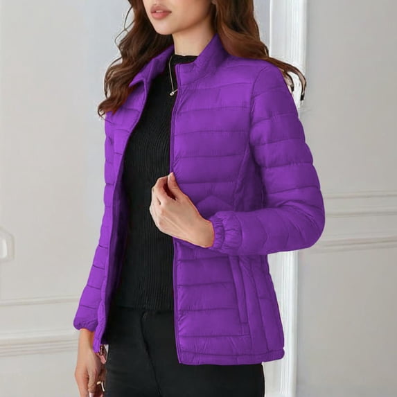 Cadancy Packable Puffer Jacket Women Waterproof Plus Size Full Zip Stand Collar Quilted Jackets with Pockets Winter Casual Loose Outerwear Long Sleeve Down Coats 2025