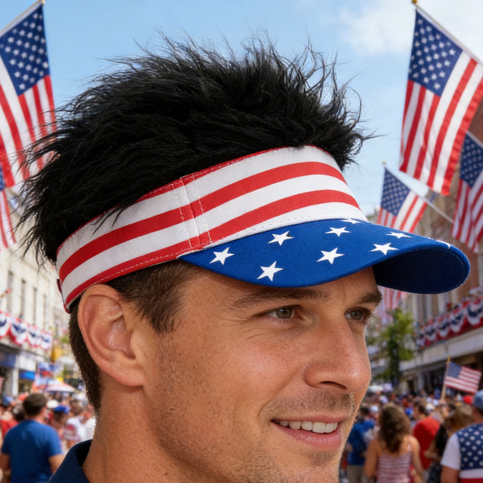 Cadancy Patriotic Hat American Flag Visor with Faux Hair, Funny Spiky ...