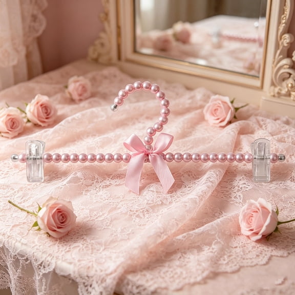 Cadancy Pearl Beaded Hangers with Ribbon Bow Closet Organizers Plastic Clips for Wedding Dress Lingerie Delicate Sweet Style Clothes Storage Display Decorative Drying Rack Househould