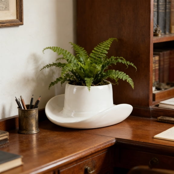 Cadancy Planter Pot Ceramic Cowboy Hat Flower Container, Unique Indoor Plants Holder, Modern Desk Decoration, Succulents Cactus Planter, Home Office Windowsill Gardening Gift