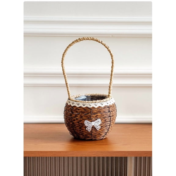 Cadancy Planters Woven Basket Planter with Handle, Round Rattan Flower Pot, Wicker Plants Holder Lace Trim Indoor Outdoor Home Garden Decoration