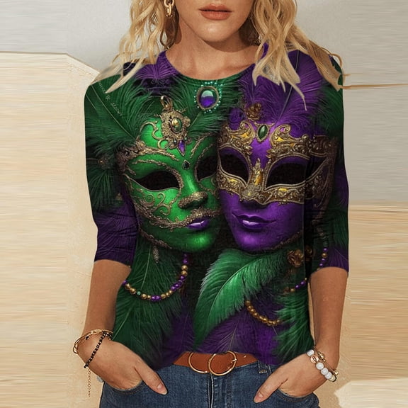Cadancy Plus Size Mardi Gras Shirts for Women Crew Neck 3/4 Sleeve Loose Trendy Short Sleeve Carnival Tops Holiday Rave Party Casual Graphic Blouse