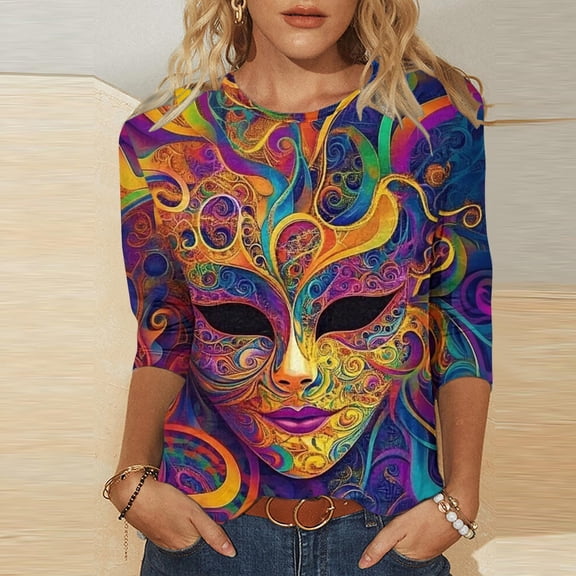 Cadancy Plus Size Mardi Gras Shirts for Women Crew Neck 3/4 Sleeve Loose Trendy Short Sleeve Carnival Tops Holiday Rave Party Casual Graphic Blouse