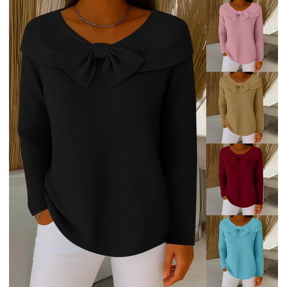Cadancy Plus Size Sweaters for Women Bows Front Crewneck Long Sleeve Pullover Knit Tops Dressy Casual Loose Cute Sweater Solid Color Cozy Fashion Outfits