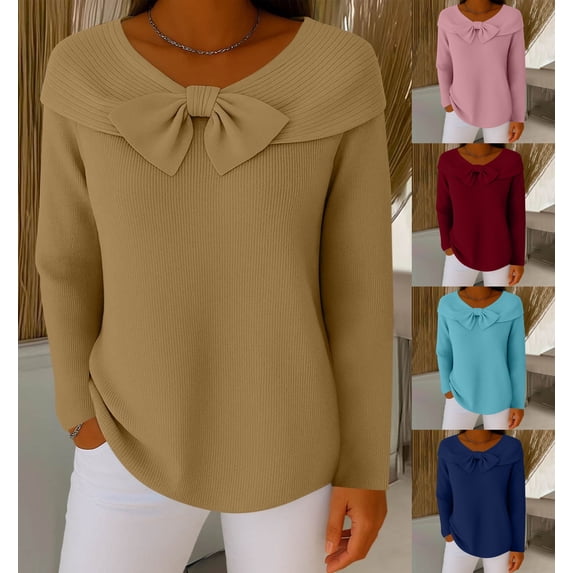 Cadancy Plus Size Sweaters for Women Bows Front Crewneck Long Sleeve Pullover Knit Tops Dressy Casual Loose Cute Sweater Solid Color Cozy Fashion Outfits