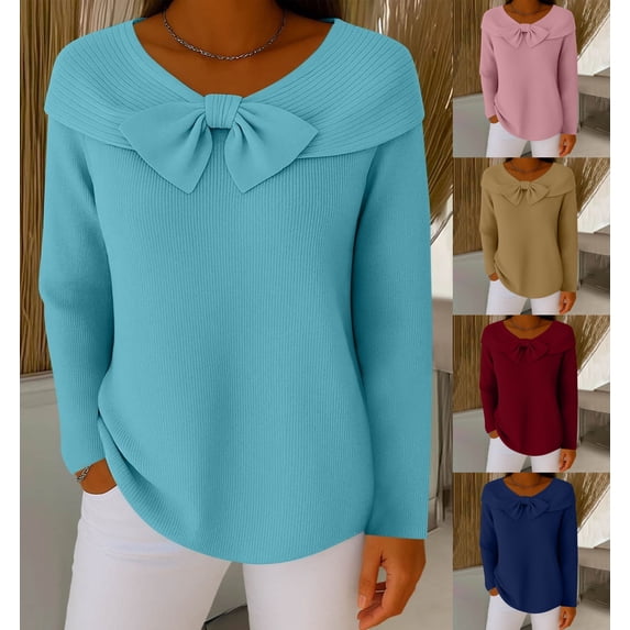 Cadancy Plus Size Sweaters for Women Bows Front Crewneck Long Sleeve Pullover Knit Tops Dressy Casual Loose Cute Sweater Solid Color Cozy Fashion Outfits