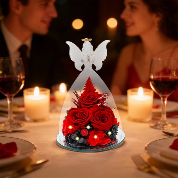 Cadancy Preserved Roses In Glass Dome with Angel Figurine, LED Lights forever Flower Arrangement, Valentines Day Gift for Her, Romantic Home Decor, Wedding Centerpiece, Anniversary Present(Red)