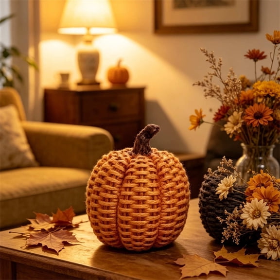 Cadancy Pumpkin Decorations Faux Wicker Rattan Autumn Harvest Table Centerpiece Rustic Farmhouse Halloween Fall Home Decor Mantle Shelf Kitchen Dining Room Resin Ornament