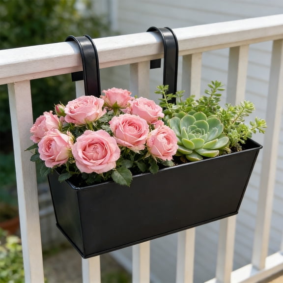 Cadancy Railing Planter Box with Detachable Hooks Metal Hanging Flower Pot Outdoor Balcony Garden Container for Herbs Vegetables Succulents Patio Deck Decor