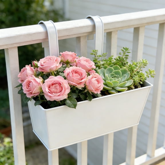 Cadancy Railing Planter Box with Detachable Hooks Metal Hanging Flower Pot Outdoor Balcony Garden Container for Herbs Vegetables Succulents Patio Deck Decor