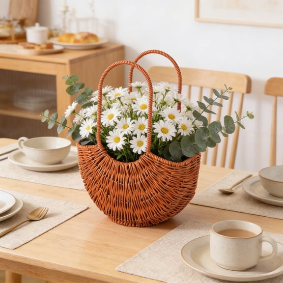 Cadancy Rattan Style Handheld Flower Basket Half-Moon Shape Woven Planter for Home Decor, Wedding Arrangements Rustic Farmhouse Durable Plastic Weave