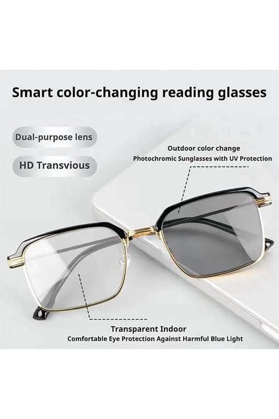 Reading Glasses Photochromic Blue Light Blocking Half Frame Anti Glare Clear Lens Computer Eyewear for Women Men Spring Hinge Lightweight Optical Frame UV Protection