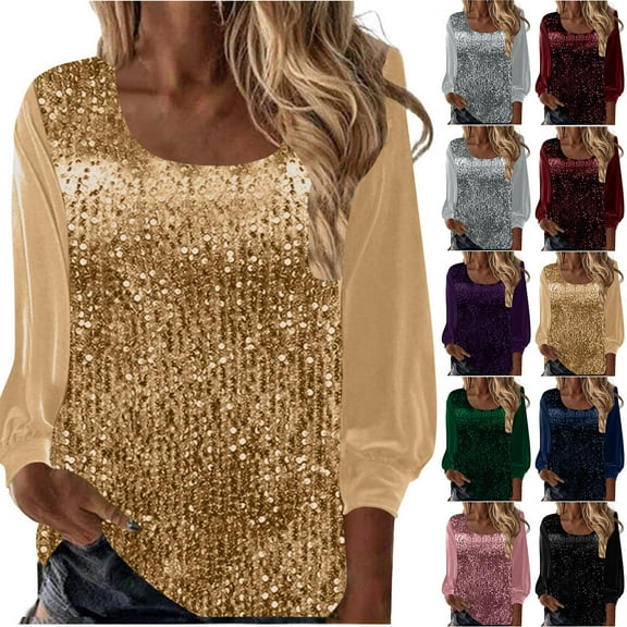 Cadancy Sequin Tops for Women Velvet Puff Long Sleeve Crewneck Sparkly Party Shirts Loose Dressy Casual Concert Night Out Glitter Trendy Outfits