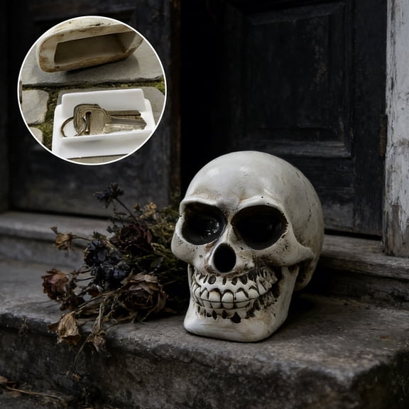 Cadancy Skull Key Hider Garden Statue Decor Outdoor Safe Box, Resin Secret Storage Hidden Key Container for Outside, Spooky Yard Art with Concealed Compartment, Gothic Home Accessory