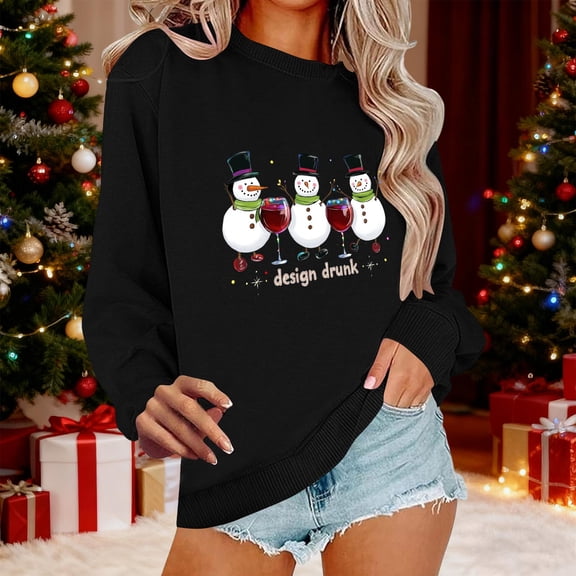 Cadancy Snowman Sweatshirts for Women Christmas Funny Graphic Crew Neck Long Sleeve Tops Winter Cute Casual Party Shirts Xmas Funny Vacation Outfits 2025