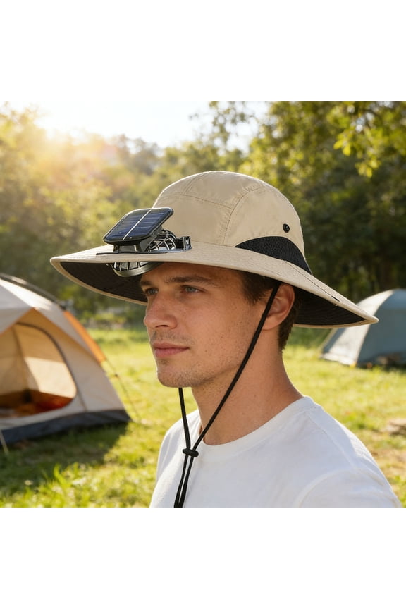 Solar Fan Hat Wide Brim Sun Protection Cap Outdoor Cooling Headwear for Men Women Beach Fishing Golf Hiking Gardening Adjustable Chin Strap Summer Heat Relief Breathable Portable