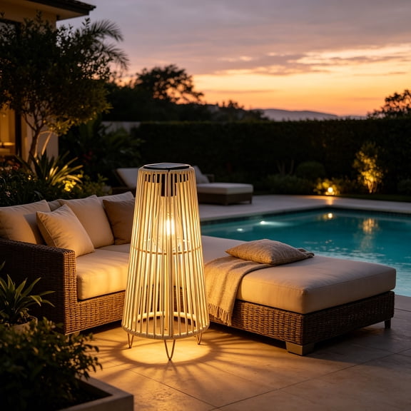 Cadancy Solar Floor Lamp Outdoor Waterproof Wicker Rattan Lantern, LED Light for Garden Patio Deck Backyard, Rechargeable Decorative Standing Fixture with Warm Glow Landscape Evening Ambiance