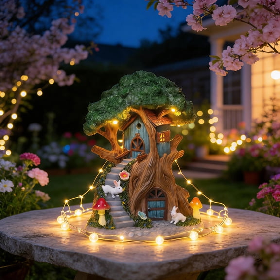 Cadancy Solar Garden Statue Tree House Figurine Outdoor Light Up Decor Resin Miniature Landscape Ornament with LED String Lights for Yard Lawn Patio Porch Tabletop Home Decoration Gift