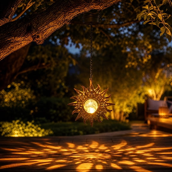Cadancy Solar Hanging Lantern Outdoor Waterproof Metal Moon Star Projection Light Garden Patio Decor Tree Pendant Lamp Celestial Crackle Glass Globe Yard Pathway Driveway Illumination
