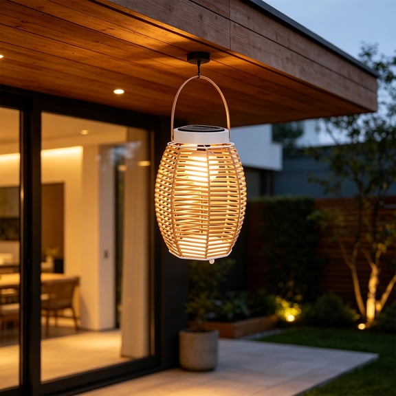 Cadancy Solar Lanterns Outdoor Waterproof Hanging Lights Wicker Rattan Garden Decor Patio Decorative Lighting Landscape Illumination Villa Courtyard Porch Ceiling Pendant Lamp Eco-Friendly