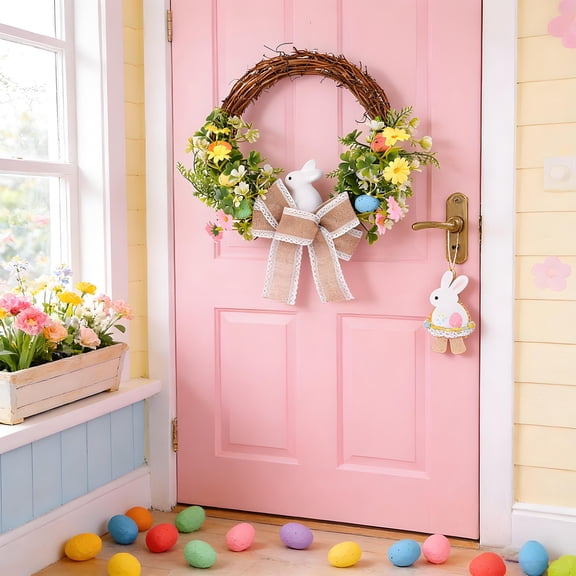 Cadancy Spring Decor for Home Artificial Flower Garland with Cute Resin Bunny Figurine Burlap Bow Knot Grapevine Wreath Front Door Porch Wall Hanging Decoration