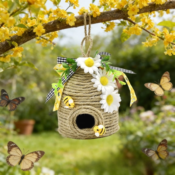 Cadancy Spring Decor for Home Handmade Jute Beehive Ornament with Artificial Daisy Flowers Mini Bees Rustic Farmhouse Honeycomb Decoration Easter Decorations