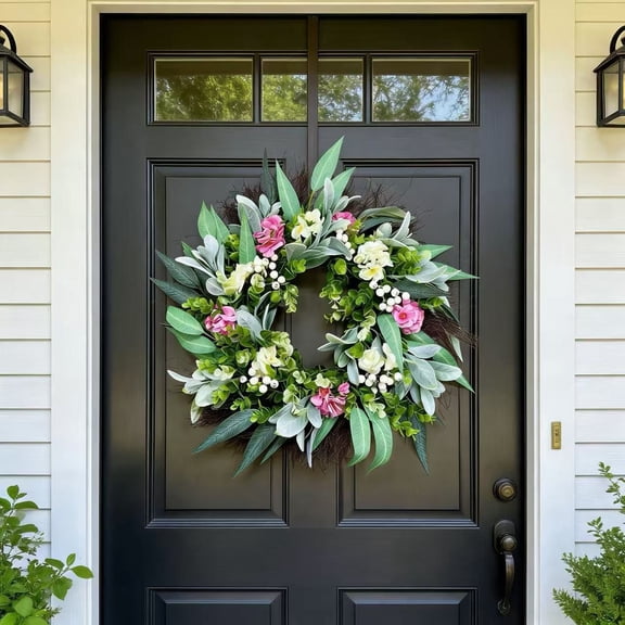 Cadancy Spring Wreath Front Door Decoration, Artificial Lambs Ear Floral Wreath with Silk Flowers Greenery Wreath for Wedding Welcome Sign, Farmhouse Wall Mother's Day Home Outdoor Decor