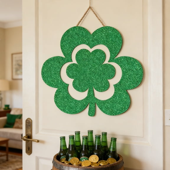 Cadancy St. Patrick's Day Door Hanger Large Shamrock Wall Sign Irish Festival Entryway Decoration Spring Home Party Supplies Porch Hanging Decor Holiday Plaque