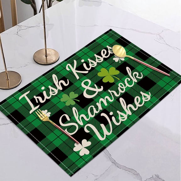 Cadancy St Patrick's Day Placemat, Irish Shamrock Buffalo Check Table Mats, Clover Heat Resistant Dining Pads, Holiday Festival Kitchen Decorations, Non Slip Washable Place Setting Supplies