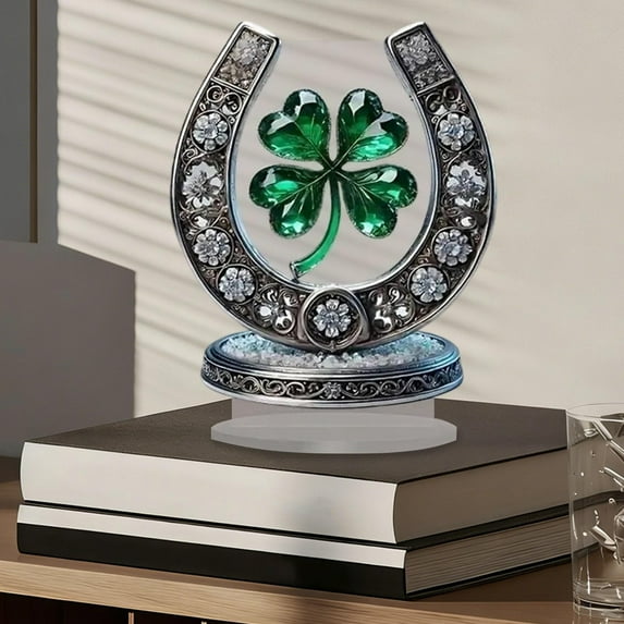 Cadancy St Patricks Day Decorations for Table Four Leaf Clover Horseshoe Figurine with Sparkling Crystal Decorative 2D Flat Ornament Irish Party Home Decor