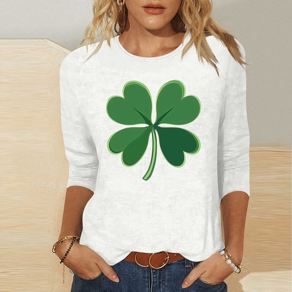 Cadancy St Patricks Day Shirt Women Plus Size Trendy Graphic Holiday Shirts Crewneck Funny Loose Tee 3/4 Sleeve Irish Shamrock Casual Tops
