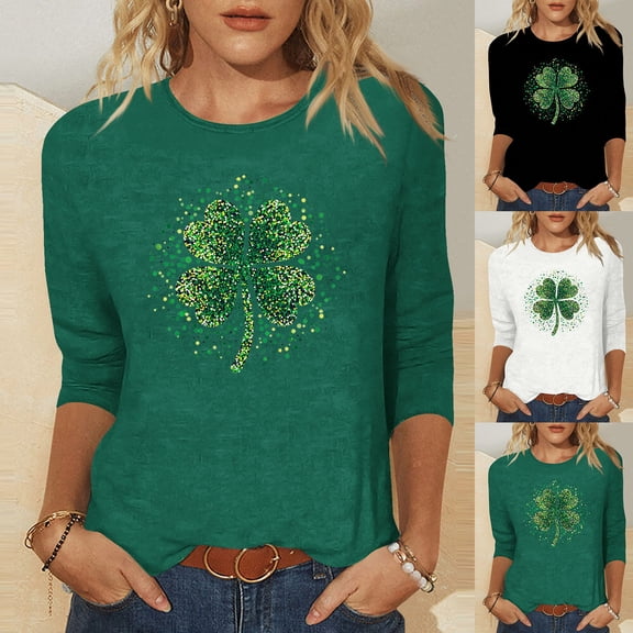 Cadancy St Patty's Day Shirt Women Plus Size 3/4 Sleeve Funny Holiday Tops Crew Neck Casual Irish Shamrock Blouse Loose Trendy Graphic Tee