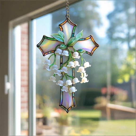 Cadancy Stained Glass Cross Pendant with Faux Lily of the Valley Flowers Hanging Window Ornament for Home Chapel Inspirational Decor Rainbow Light Catcher Sunlight Reflection Gift