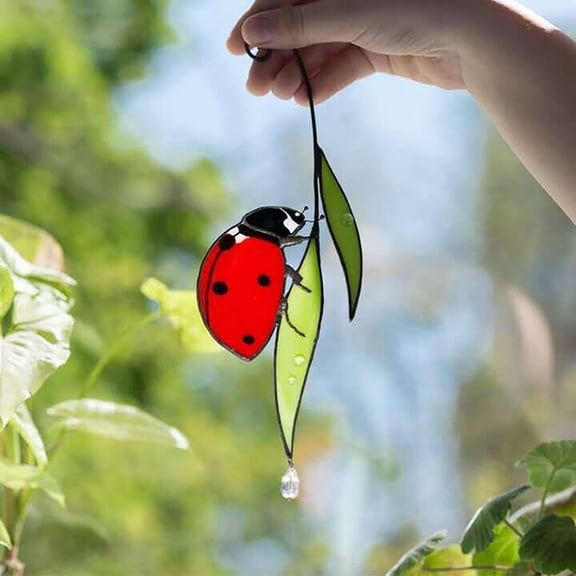 Cadancy Stained Glass Ladybug Sun Catcher with Green Leaf and Water Drop Pendant Handmade Window Ornament Colorful Home Patio Garden Decor