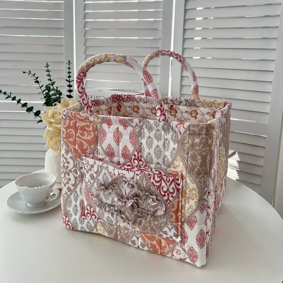 Cadancy Storage Quilted Fabric Tote Basket with Pockets Handles, Floral Patchwork Organizer Bin Foldable Laundry Hamper, Bedroom Closet Toy Diaper Caddy, Portable Carrying Bag