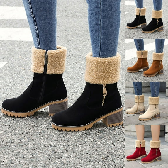 Cadancy Suede Booties for Women Chunky Low Heel Fleece Lining Side Zipper Winter Warm Snow Boots Vintage Fashion Round Toe Outdoor Mid Calf Shoes