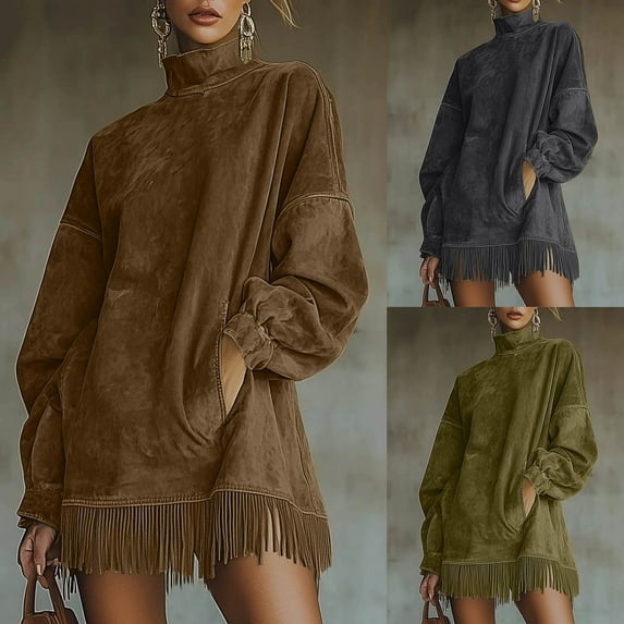 Cadancy Suede Dress for Women Long Sleeve Turtleneck Oversized Pullover Fringe Hem Mini Dresses with Pockets Vintage Trendy Western Casual Outfits