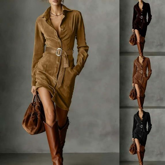 Cadancy Suede Shirt Dresses for Women Button Down Lapel Long Sleeve Tunic Belt Vintage Midi Dress with Pockets Dressy Casual Office Trendy Outfits