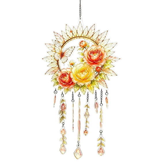 Clearance! Suncatcher Window Hanging Ornament Floral Butterfly Acrylic Wind Chime with Crystal Pendant for Home Bedroom Living Room Window Garden Boho Wall Art Decor