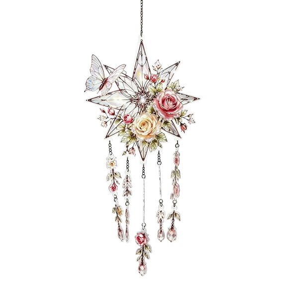 Clearance! Suncatcher Window Hanging Ornament Floral Butterfly Acrylic Wind Chime with Crystal Pendant for Home Bedroom Living Room Window Garden Boho Wall Art Decor