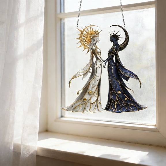 Cadancy Suncatchers for Windows Celestial Sun Moon Hanging Ornament Stained Glass Acrylic Art Pendant Boho Wall Decor Room Home Garden Decoration